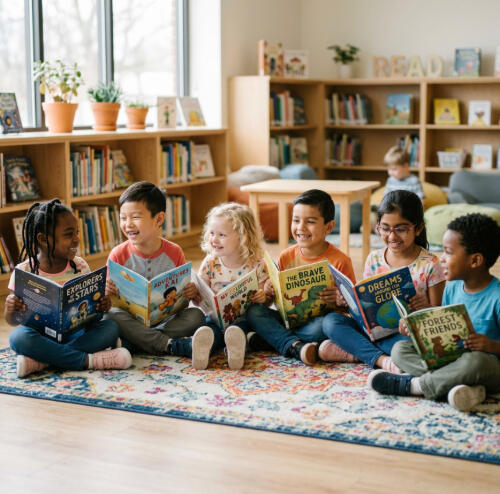 Kids reading in a library